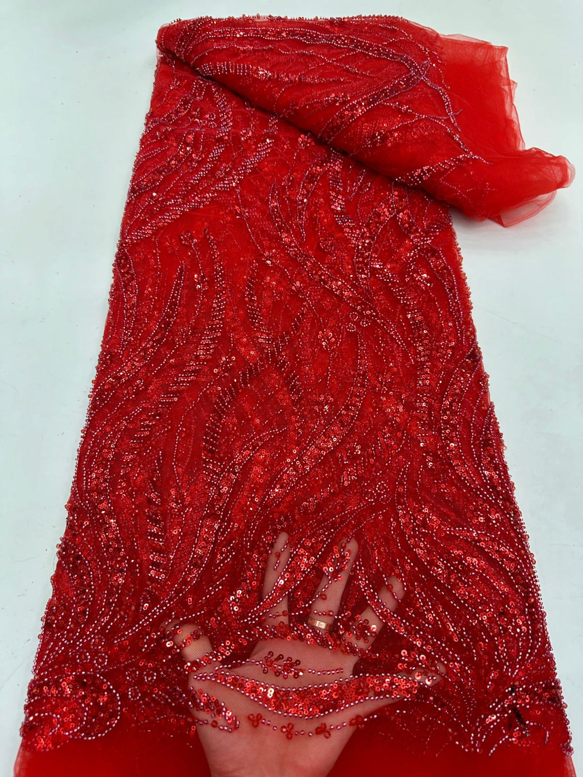 Ystal Luxury High Quality Beaded Fabric - Red