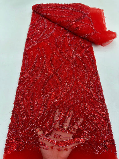 Ystal Luxury High Quality Beaded Fabric - Red