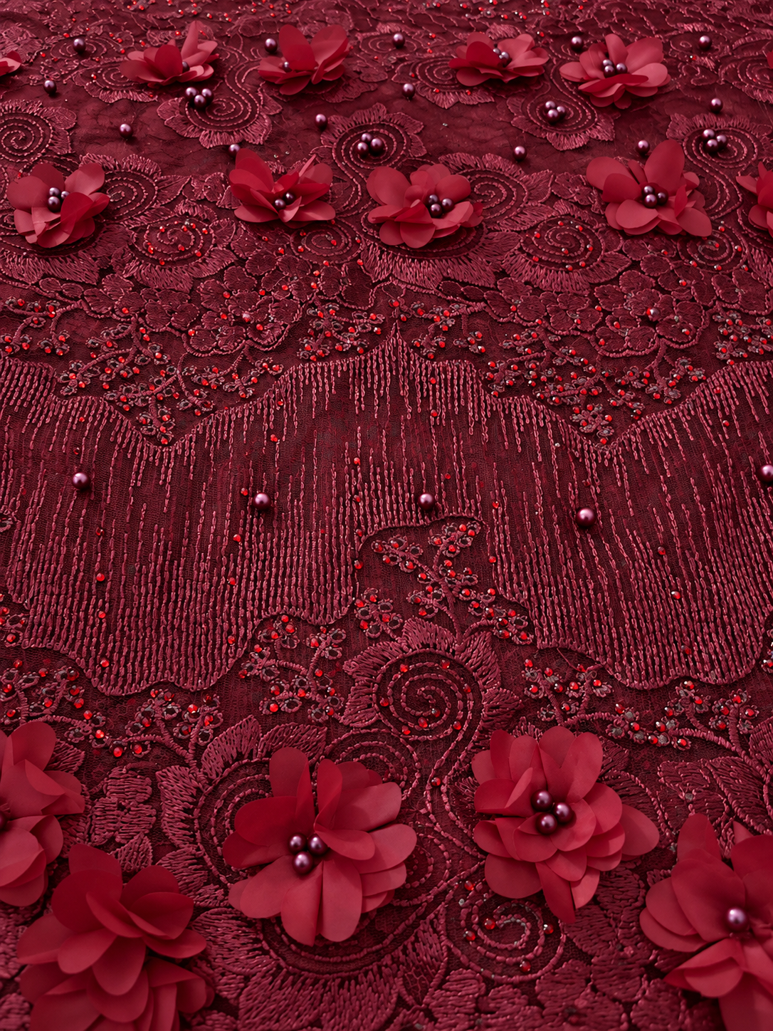 Iola Beaded 3D Tulle Floral Fabric - Burgundy