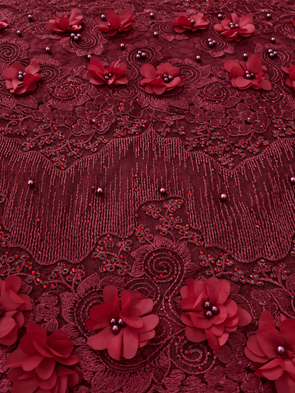 Iola Beaded 3D Tulle Floral Fabric - Burgundy