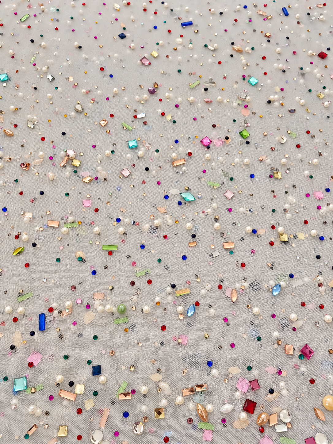 Multicolor Rhinestone & Pearl Embellished White Tulle Fabric