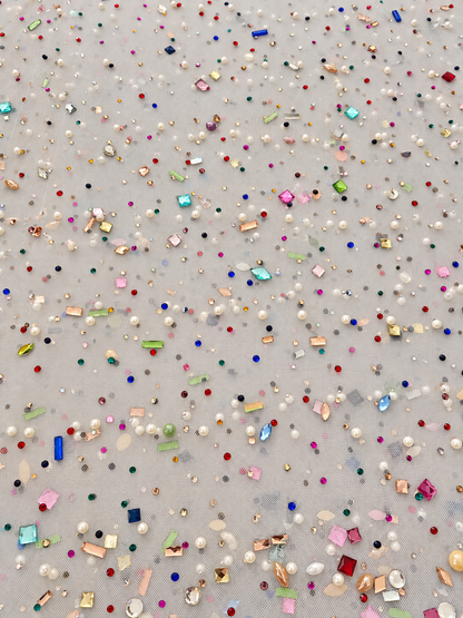 Multicolor Rhinestone & Pearl Embellished White Tulle Fabric