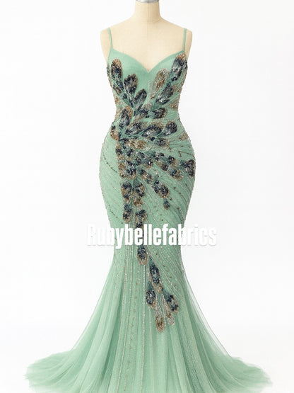 Luxury Feather Pattern Sequin Beaded Lace Fabric