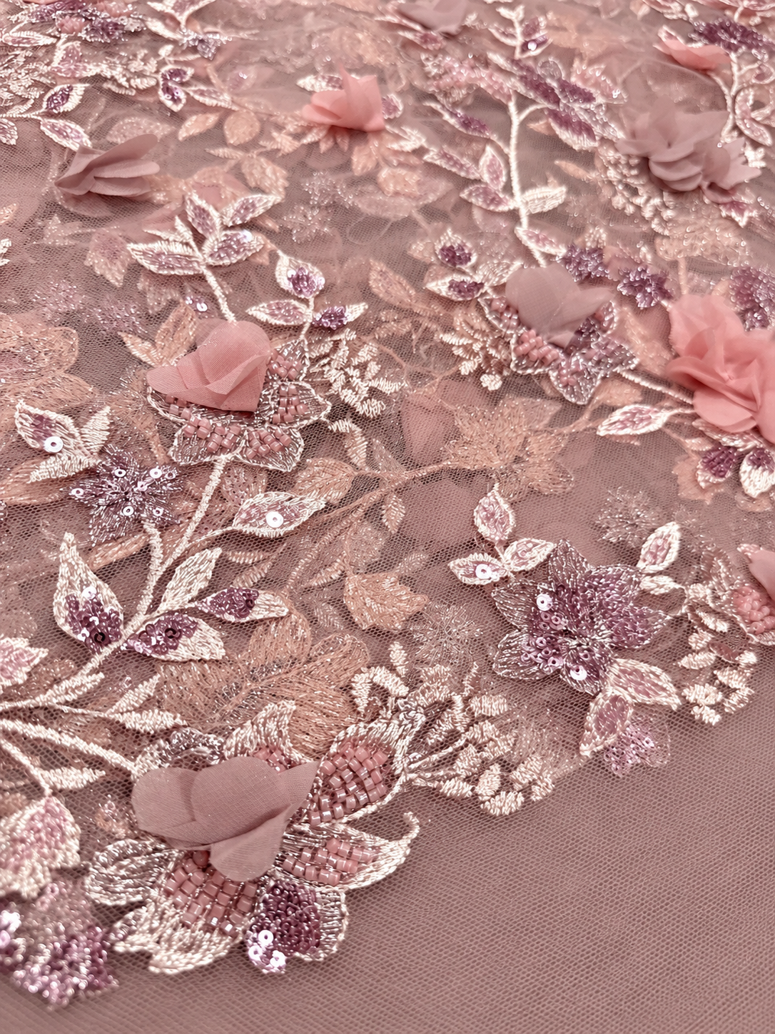 Dillion Quality Floral Beaded 3D Fabric - Blush Pink