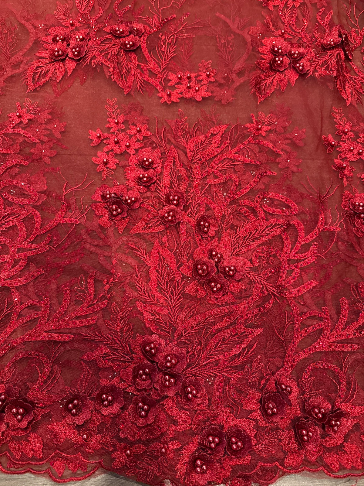 Obel Beaded 3D Tulle Floral Fabric - Burgundy