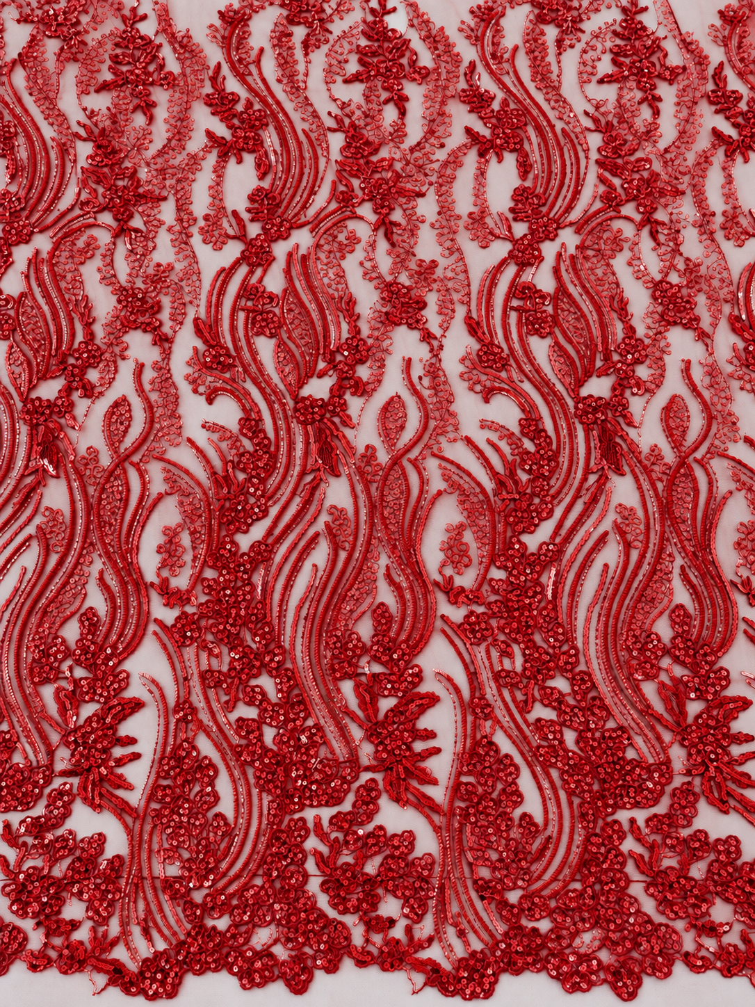 Ackley Beaded Tulle Floral Fabric - Red