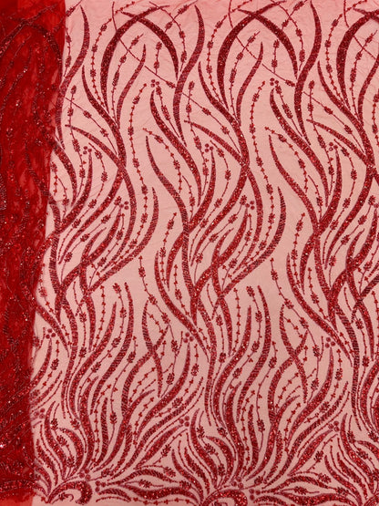Ystal Luxury High Quality Beaded Fabric - Red