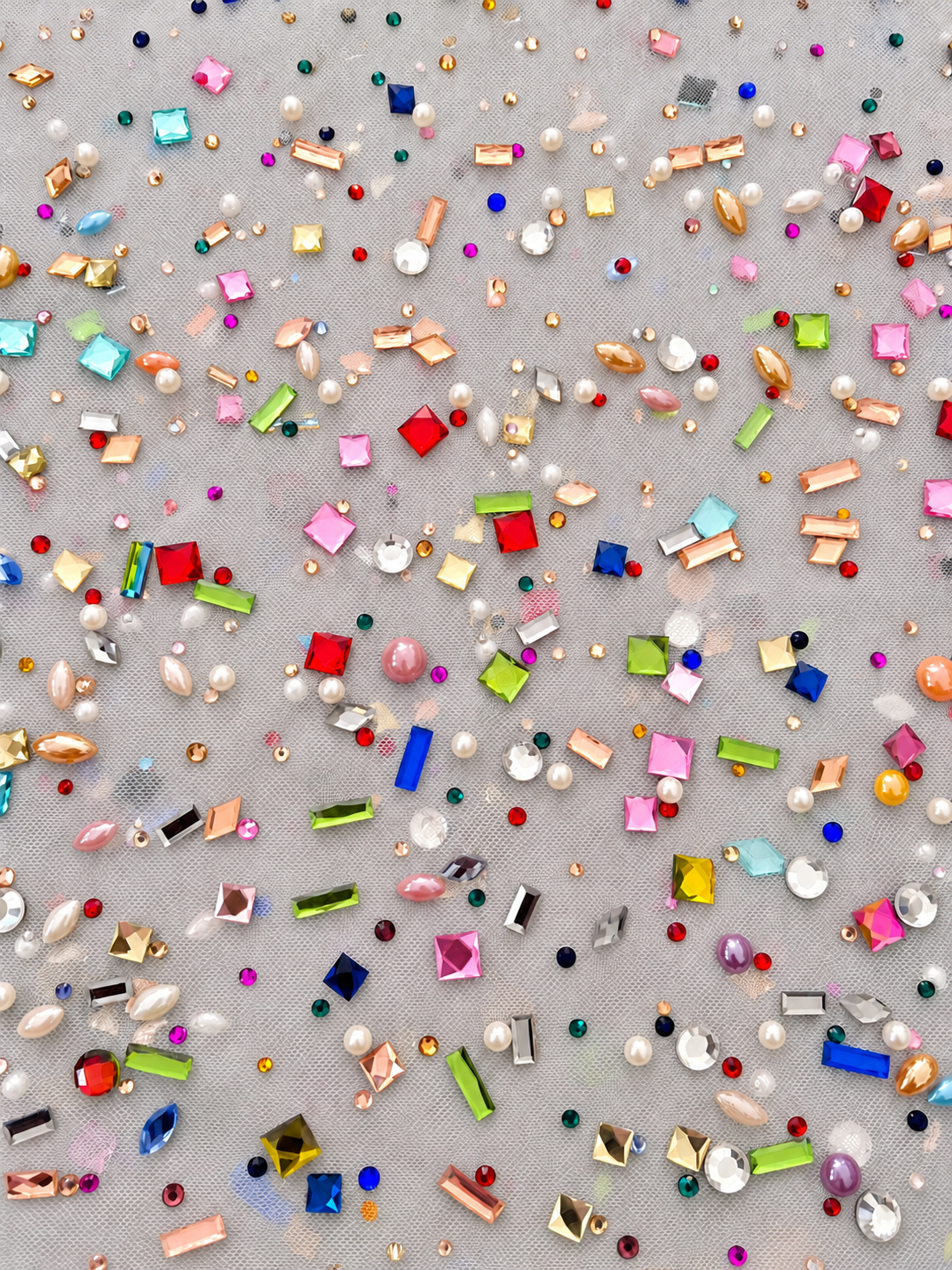 Multicolor Rhinestone & Pearl Embellished White Tulle Fabric
