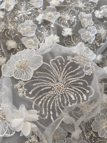 Nilox 3D Sequin Beaded Quality Floral Fabric - White