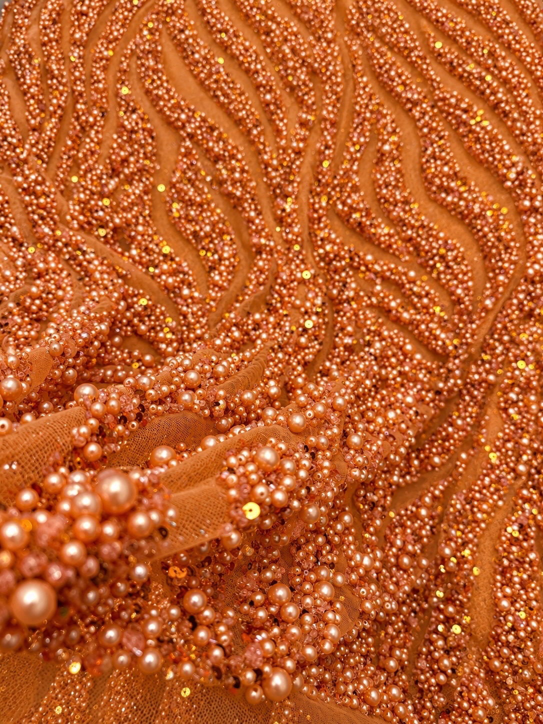 Ebra Pearls Beads Lace Fabric - Orange