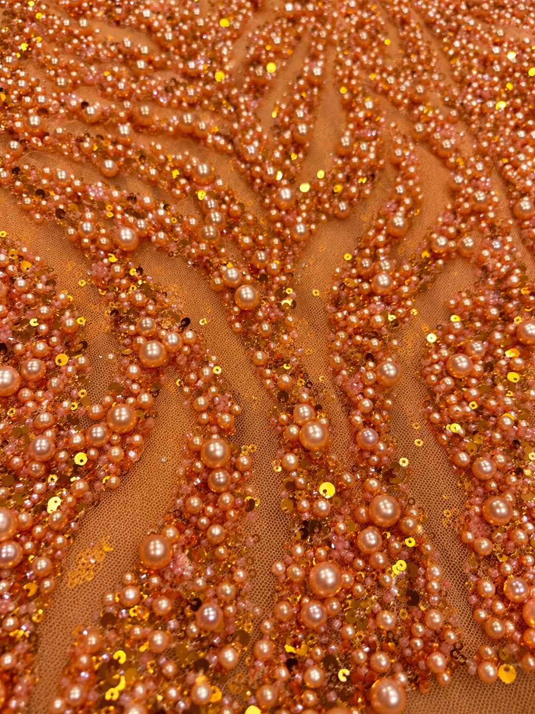 Ebra Pearls Beads Lace Fabric - Orange