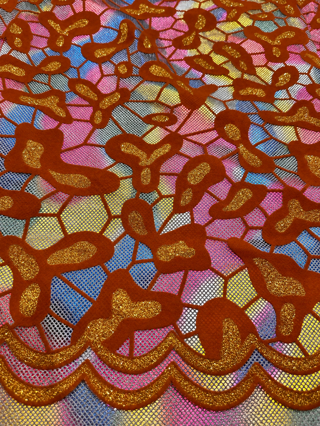 Burnt Orange Iridescent Embroidered Light Brocade Fabric