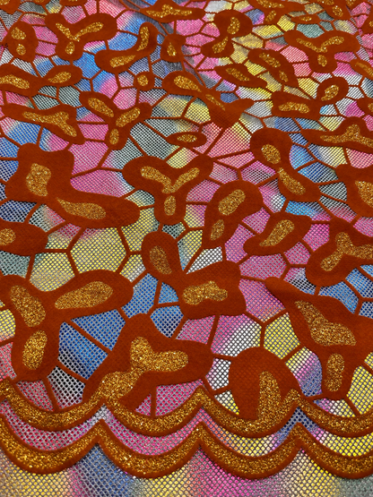 Burnt Orange Iridescent Embroidered Light Brocade Fabric