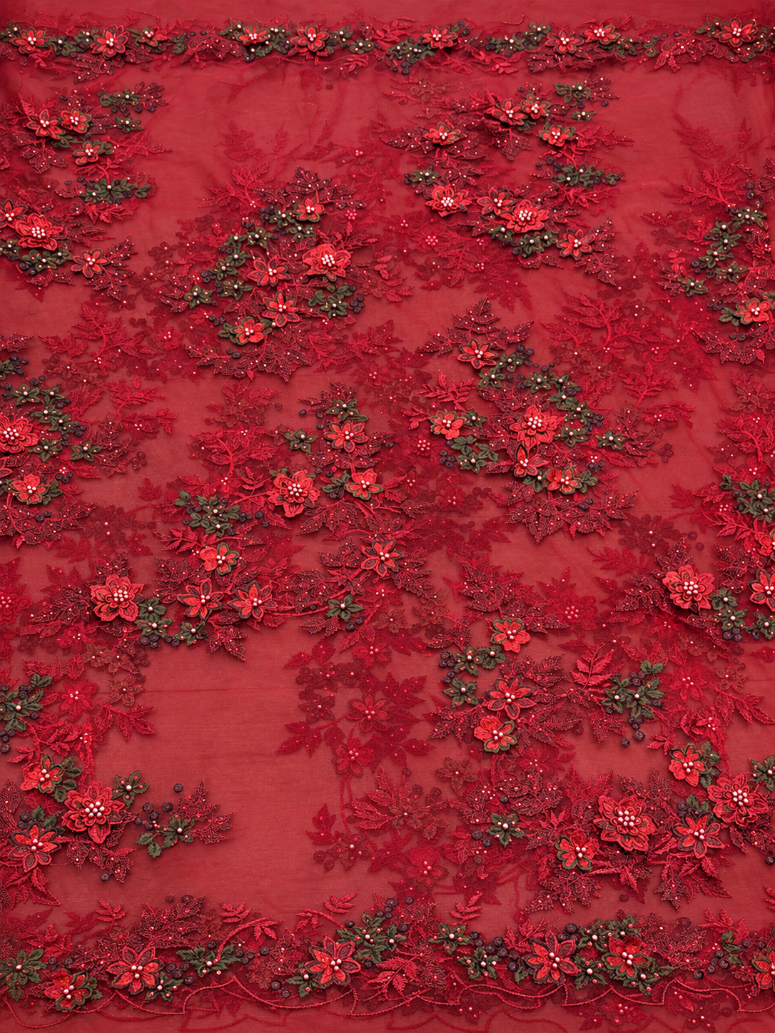 Arissa Beaded 3D Tulle Floral Fabric - Burgundy