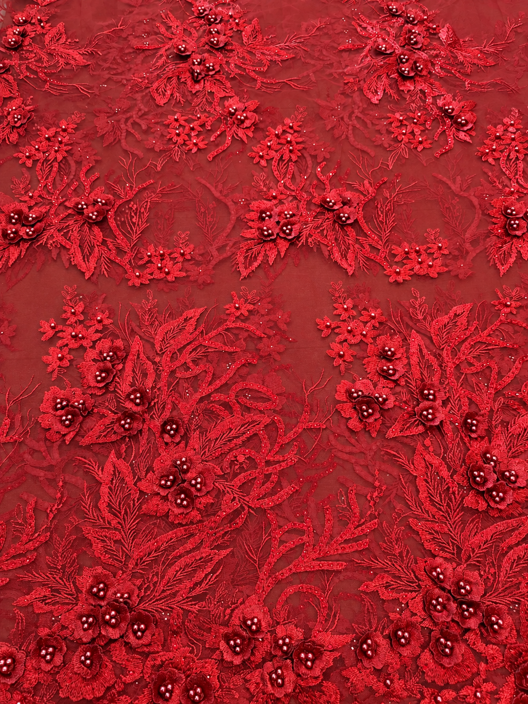 Obel Beaded 3D Tulle Floral Fabric - Burgundy