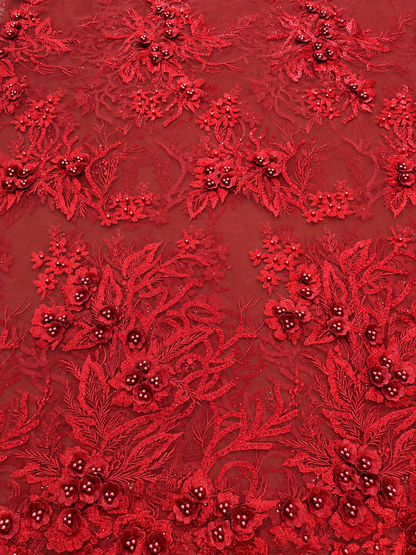 Obel Beaded 3D Tulle Floral Fabric - Burgundy