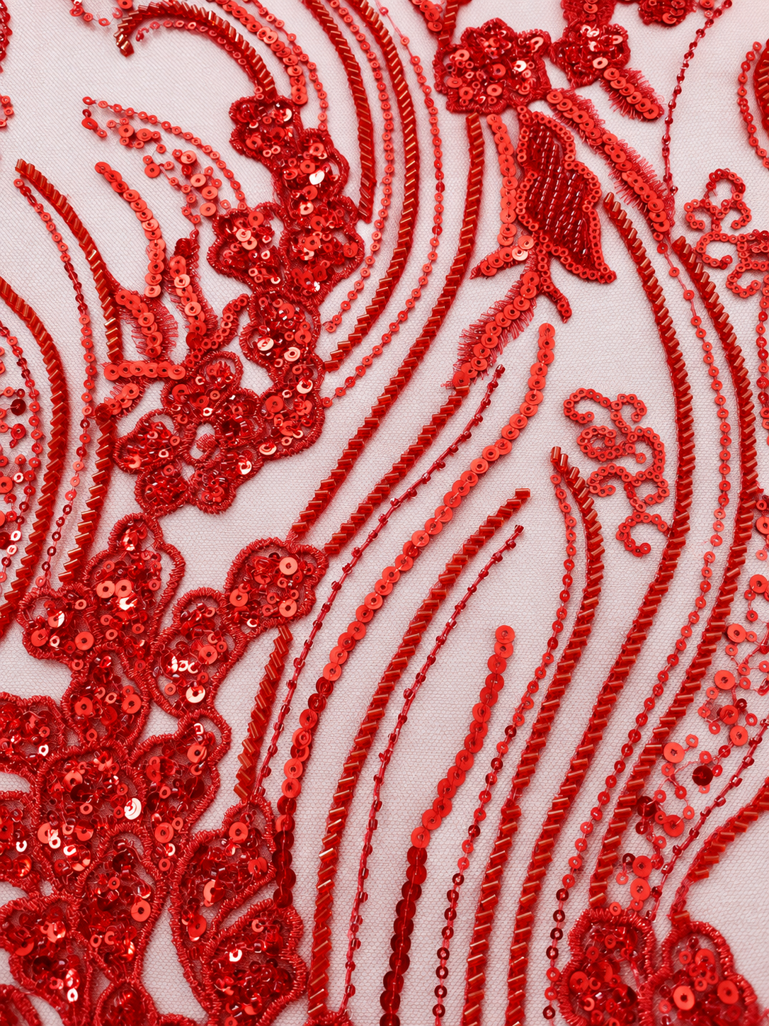 Ackley Beaded Tulle Floral Fabric - Red