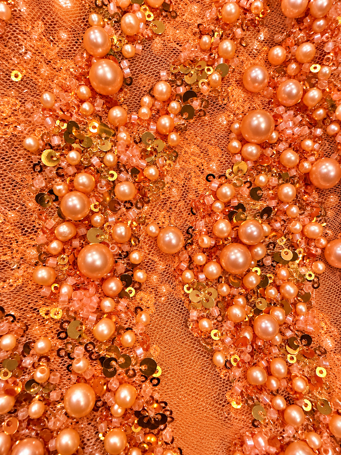 Ebra Pearls Beads Lace Fabric - Orange