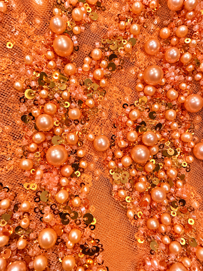 Ebra Pearls Beads Lace Fabric - Orange