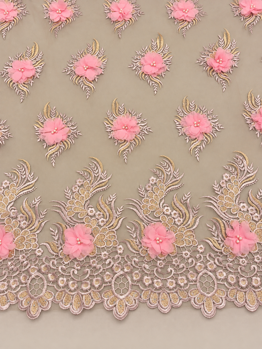 Filex Beaded 3D Tulle Floral Fabric - Blush/Pink