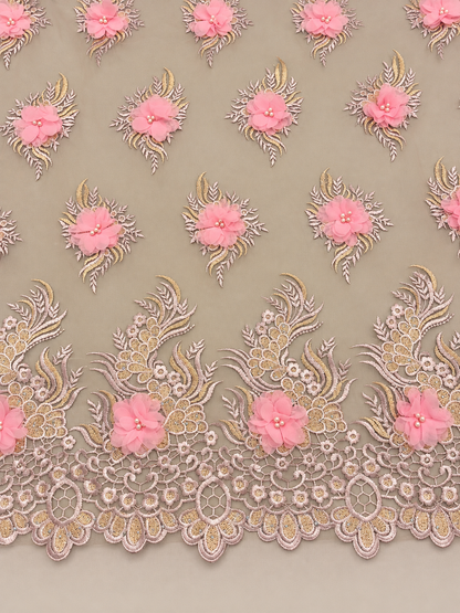 Filex Beaded 3D Tulle Floral Fabric - Blush/Pink