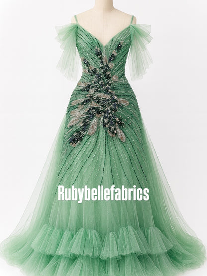 Luxury Feather Pattern Sequin Beaded Lace Fabric