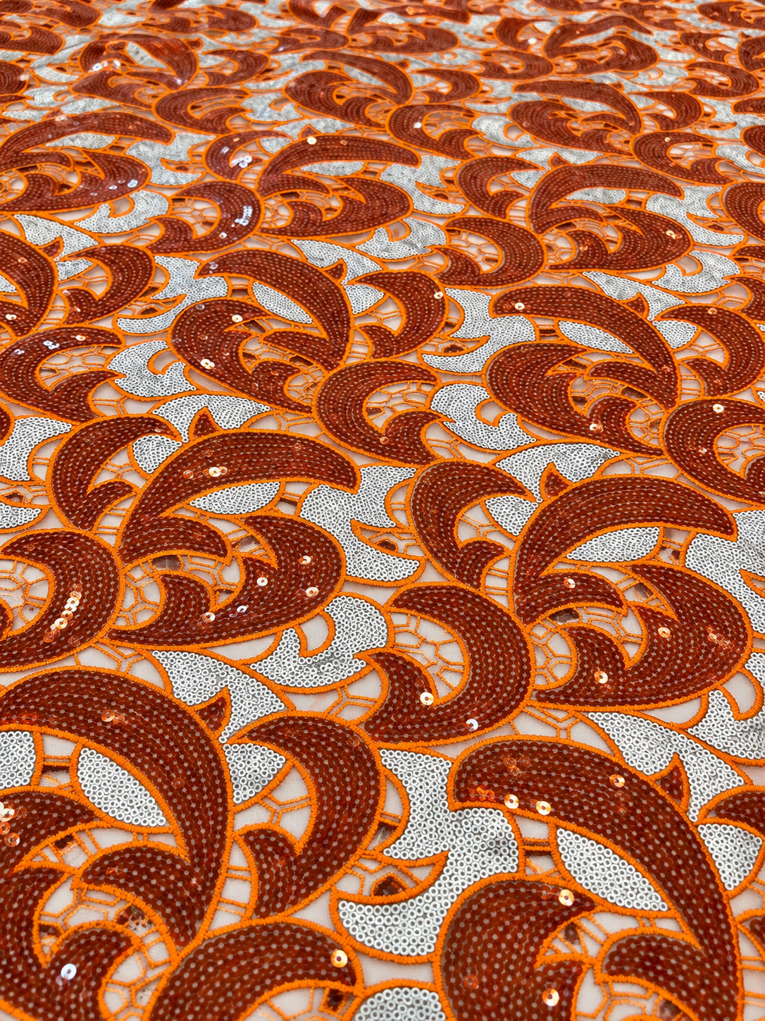 Uote Sparkling Sequin Organza Fabric - Orange/Silver