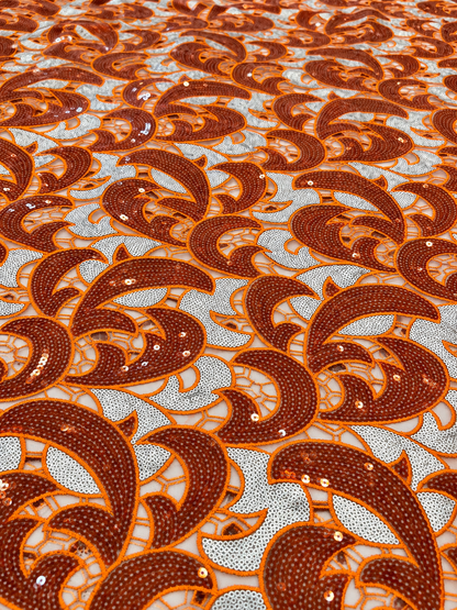 Uote Sparkling Sequin Organza Fabric - Orange/Silver