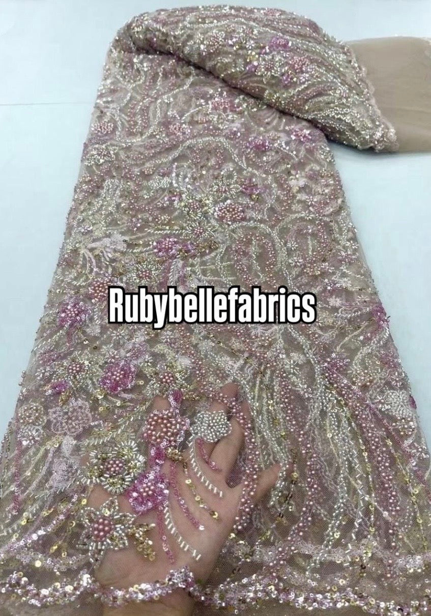 Oyce Luxury Floral Beaded Fabric - Blush Pink