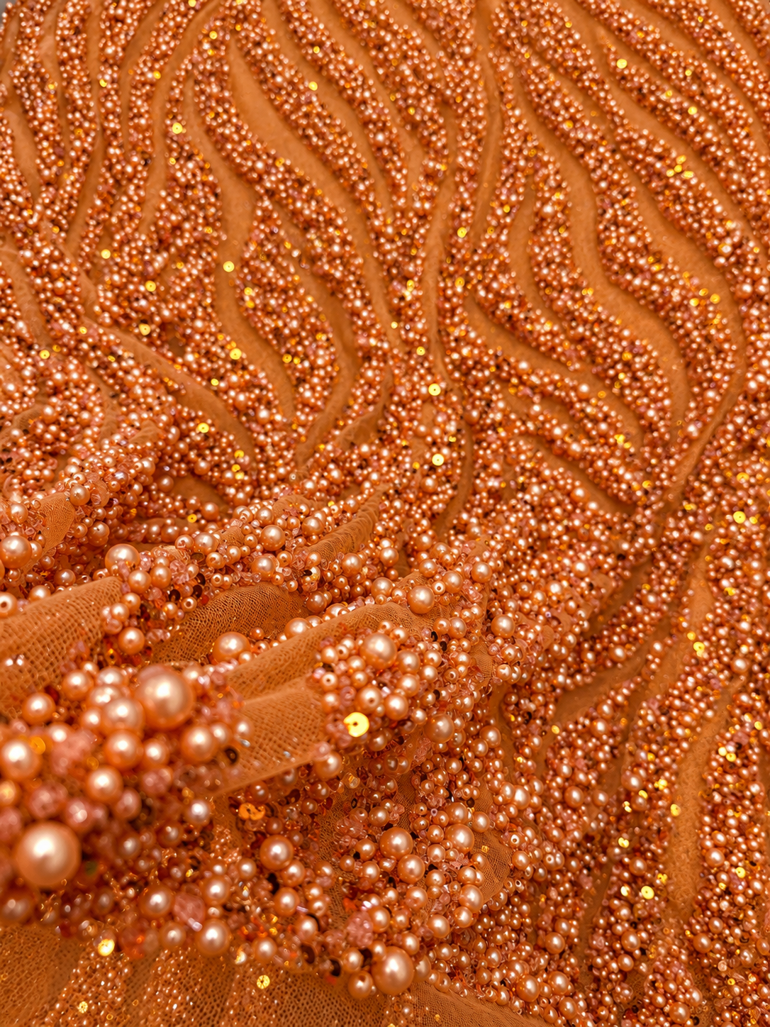 Ebra Pearls Beads Lace Fabric - Orange