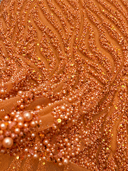 Ebra Pearls Beads Lace Fabric - Orange