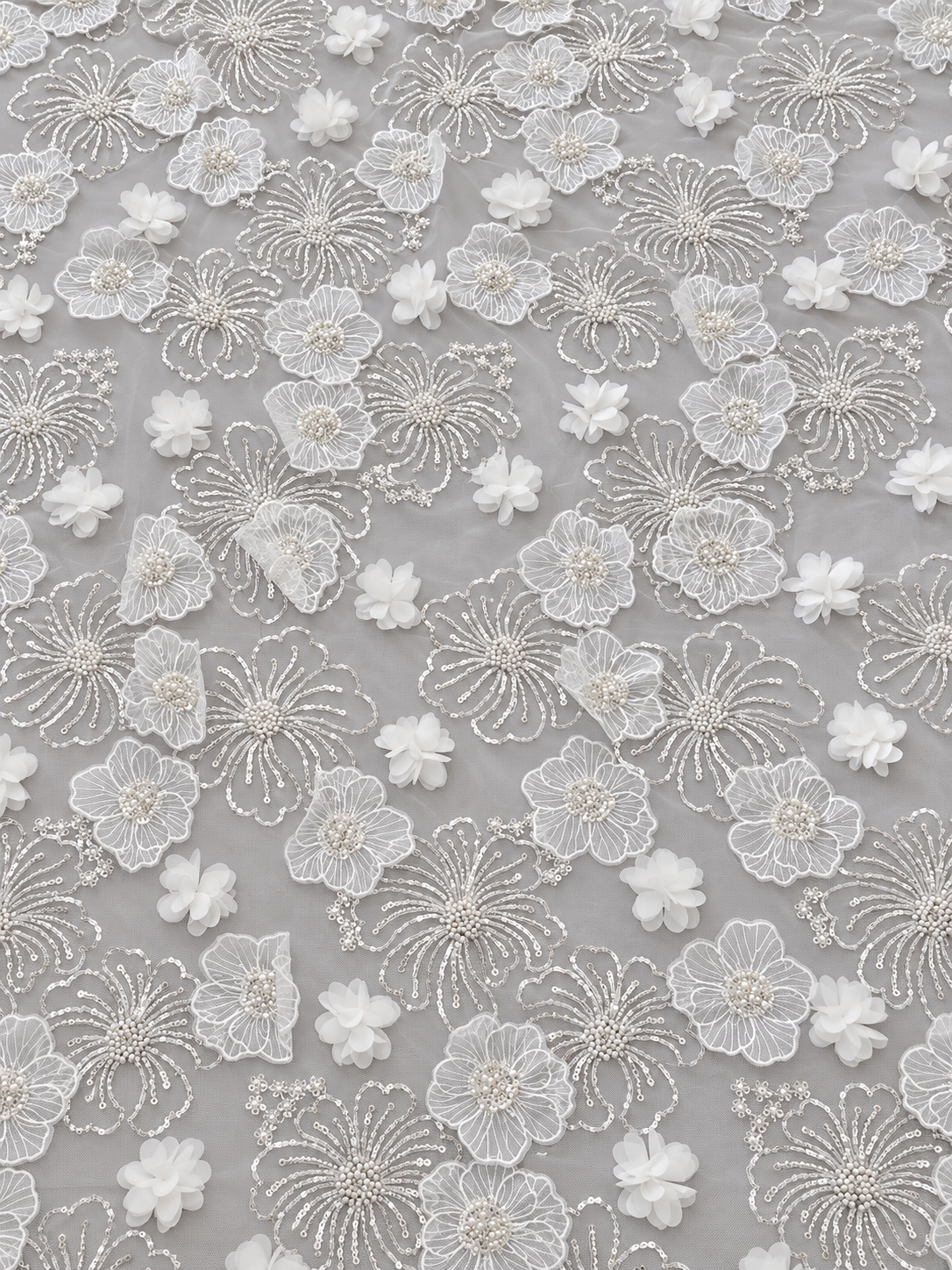 Nilox 3D Sequin Beaded Quality Floral Fabric - White