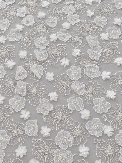Nilox 3D Sequin Beaded Quality Floral Fabric - White