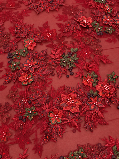 Arissa Beaded 3D Tulle Floral Fabric - Burgundy