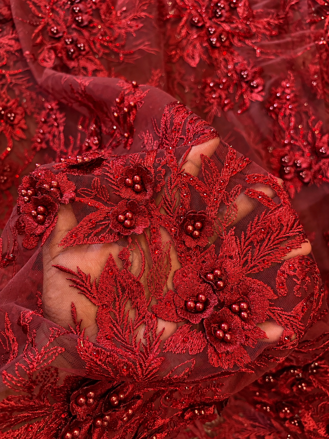 Obel Beaded 3D Tulle Floral Fabric - Burgundy