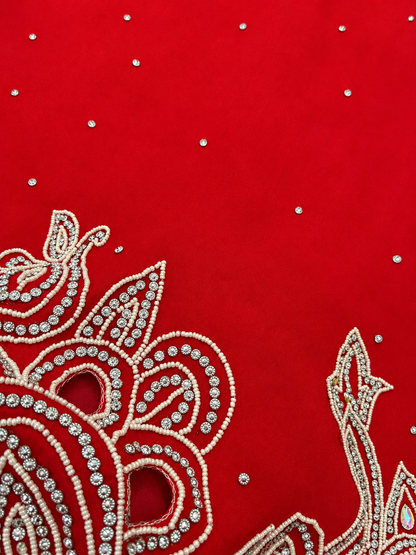 6.5 Yards Red Taffeta Tulle Fabric with Embellishments