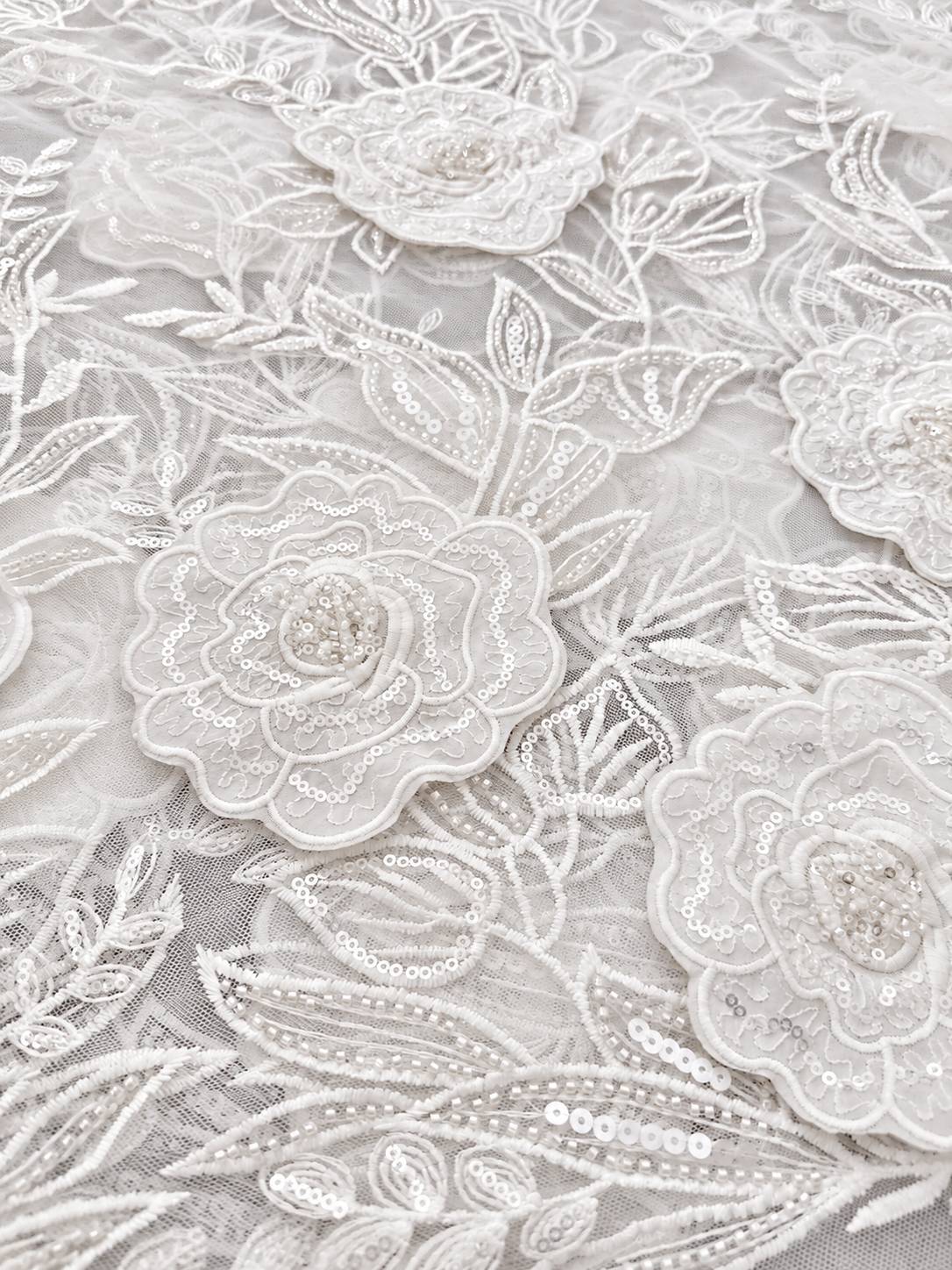 Rixo 3D Sequin Beaded Quality Floral Fabric - White
