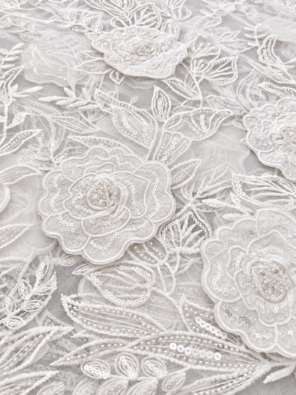 Rixo 3D Sequin Beaded Quality Floral Fabric - White
