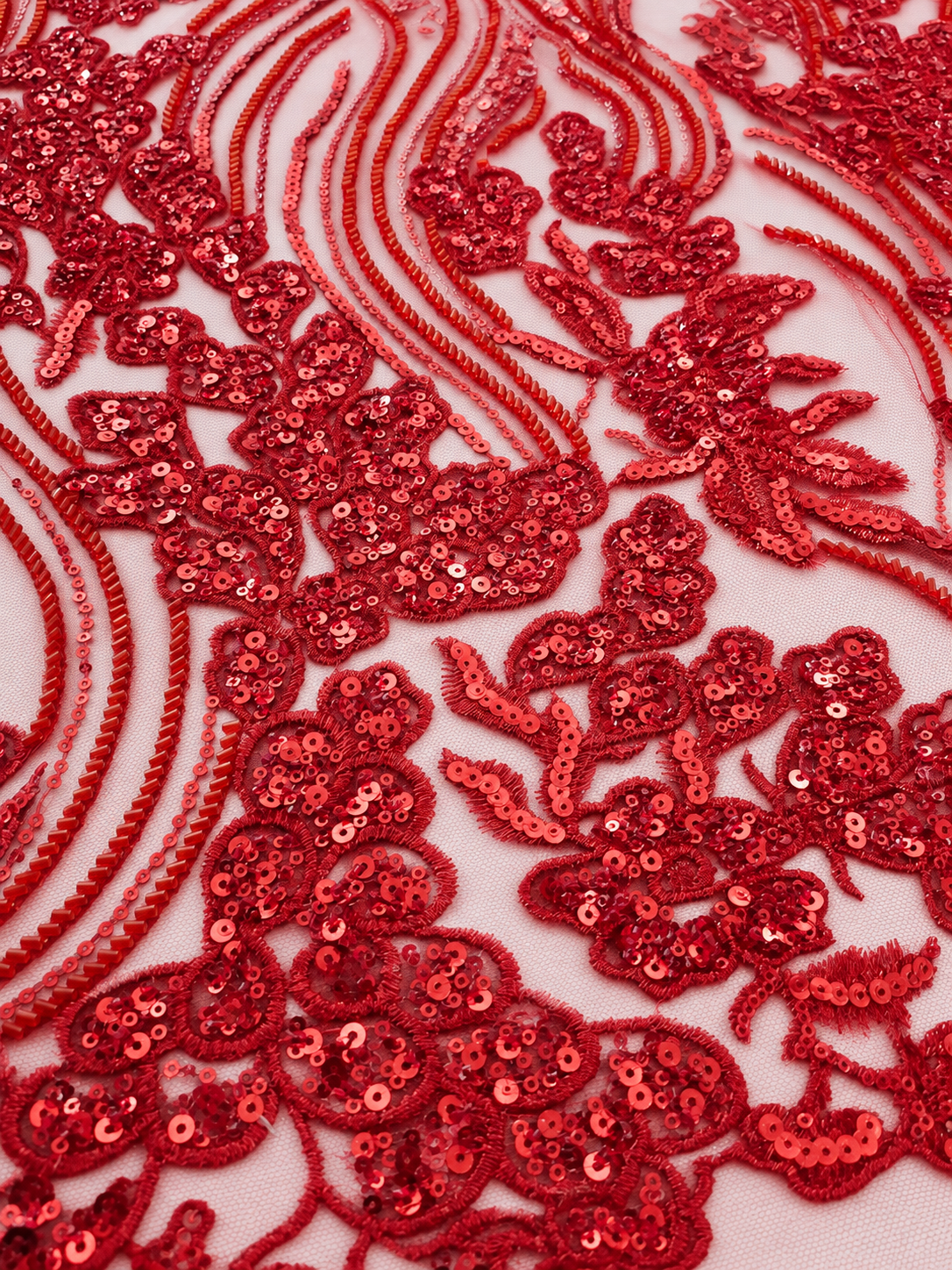Ackley Beaded Tulle Floral Fabric - Red