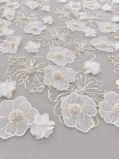 Nilox 3D Sequin Beaded Quality Floral Fabric - White