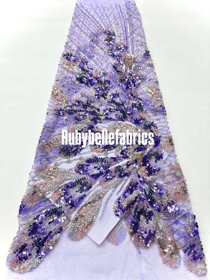 Luxury Feather Pattern Sequin Beaded Lace Fabric
