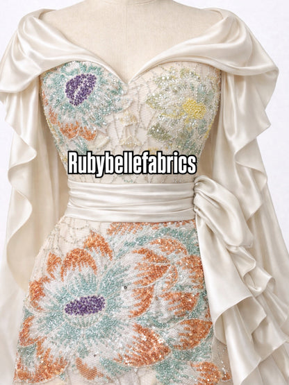 Enat Beaded Petal Sequin Lace Fabric