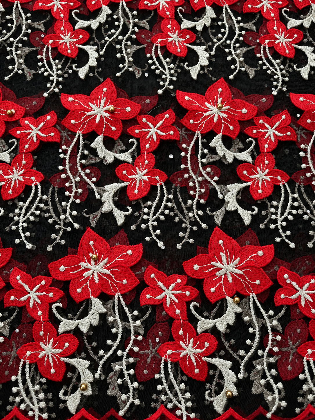 Robel Beaded Tulle Floral Fabric - Red/Black/Beige