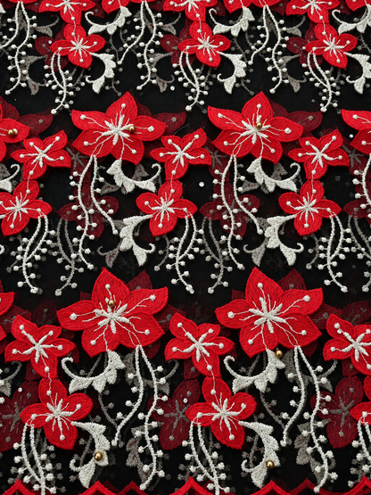 Robel Beaded Tulle Floral Fabric - Red/Black/Beige