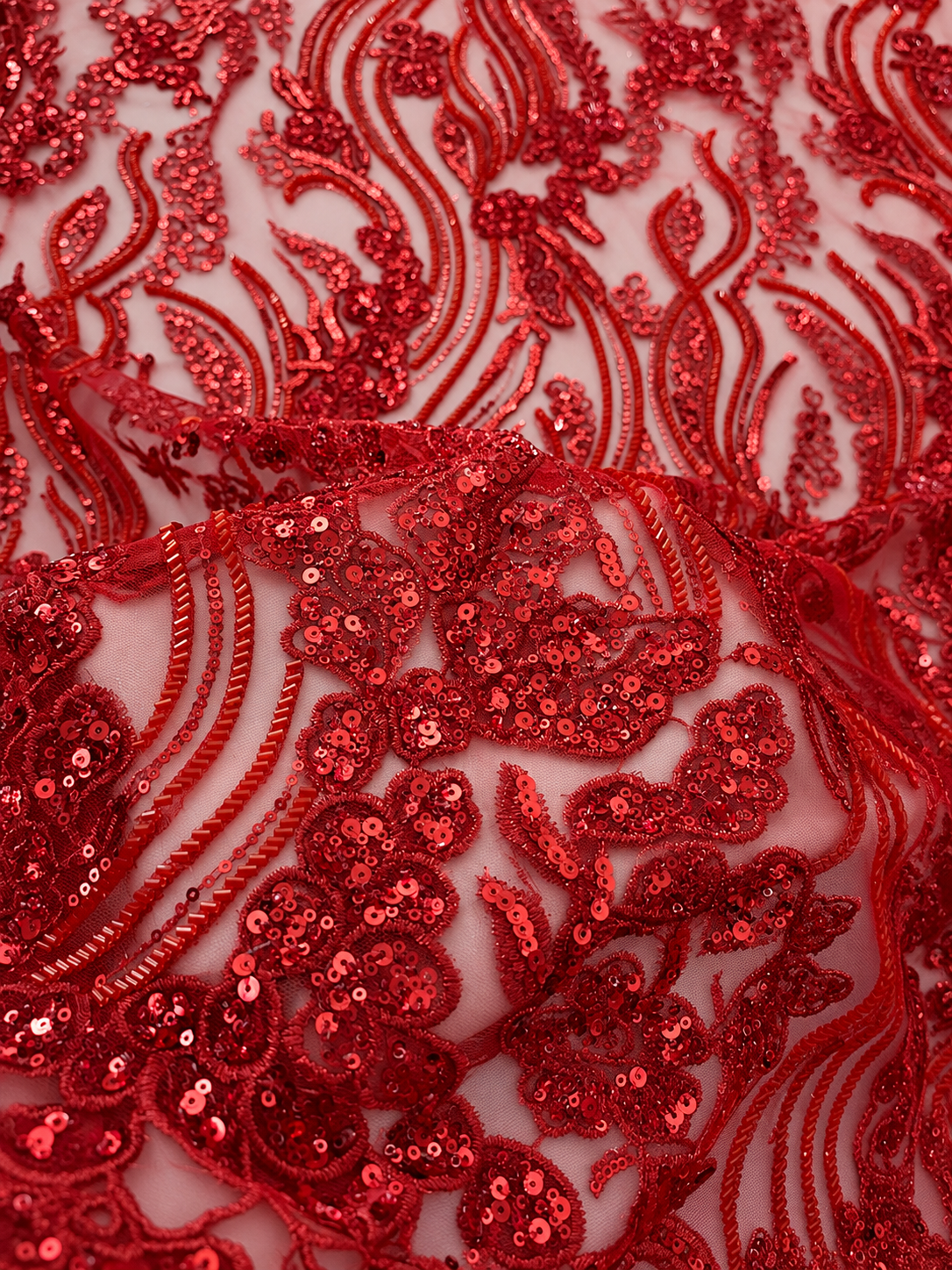 Ackley Beaded Tulle Floral Fabric - Red