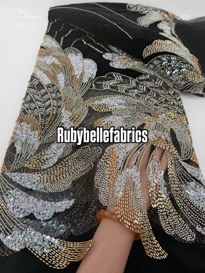 Ganic Luxury Floral Beaded Tulle Velvet Fabric
