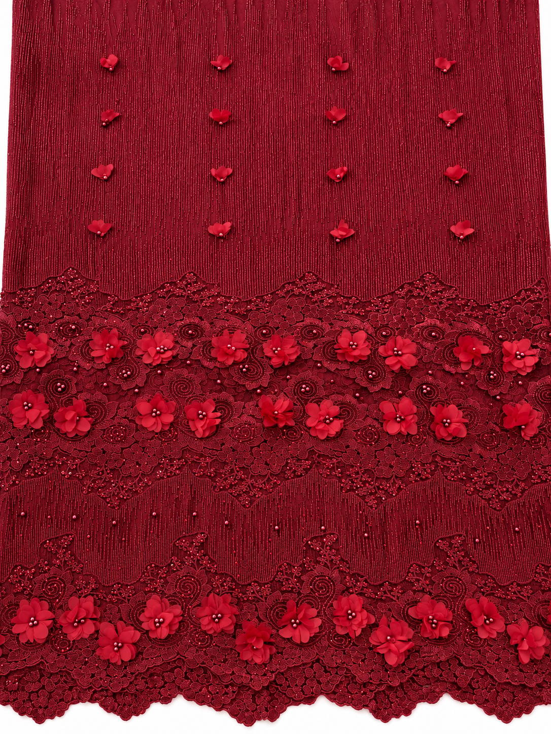 Iola Beaded 3D Tulle Floral Fabric - Burgundy