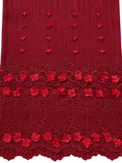 Iola Beaded 3D Tulle Floral Fabric - Burgundy