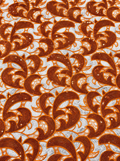 Uote Sparkling Sequin Organza Fabric - Orange/Silver