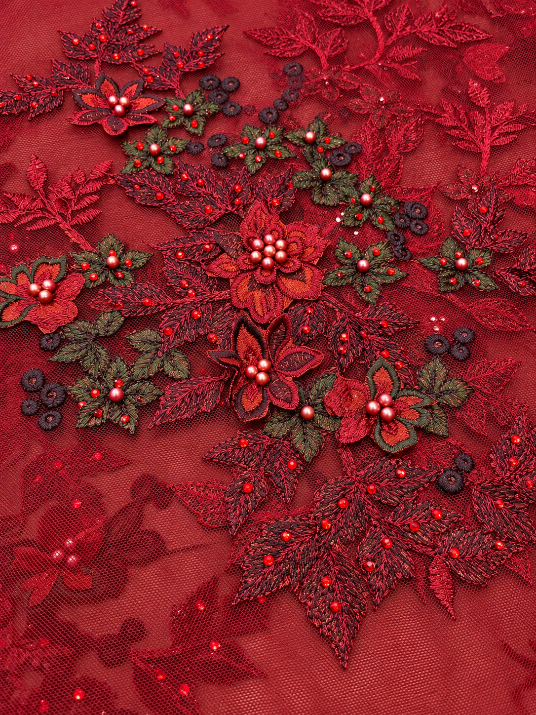 Arissa Beaded 3D Tulle Floral Fabric - Burgundy